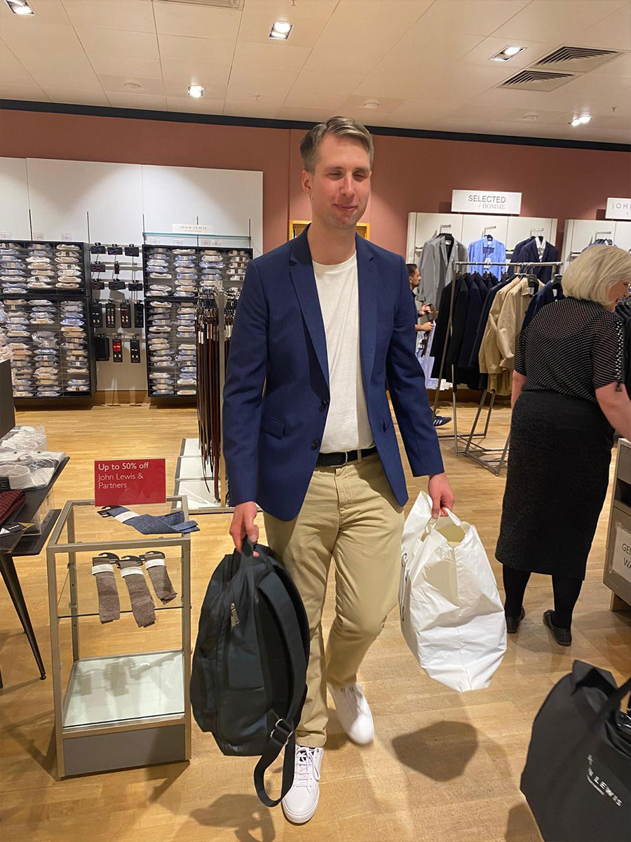 Luke after purchasing his outfits in John Lewis, part of the Platinum Dating Profile Revamp experience